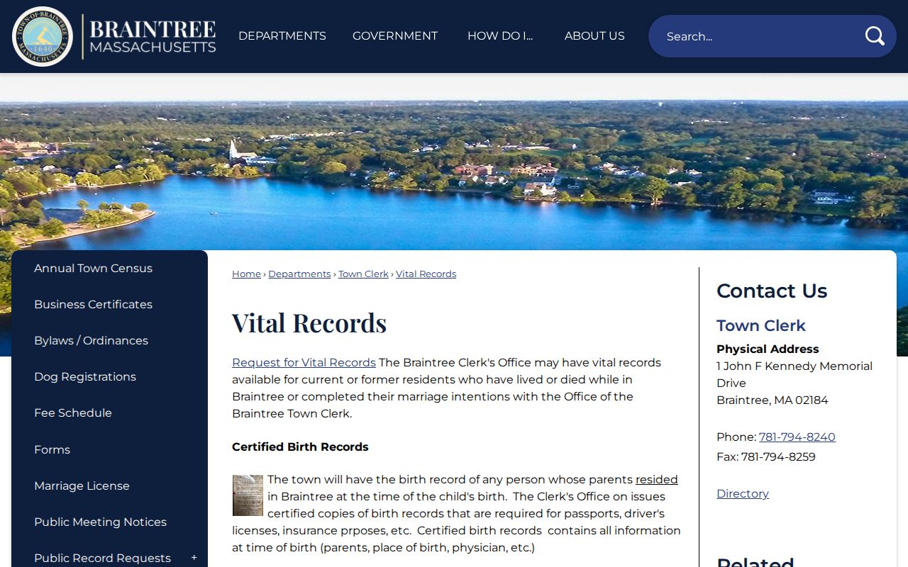 Braintree residents directory local vital records eligibility information