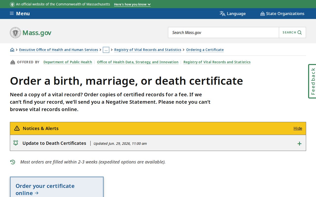 Braintree resident lookup Massachusetts vital record certificate ordering information