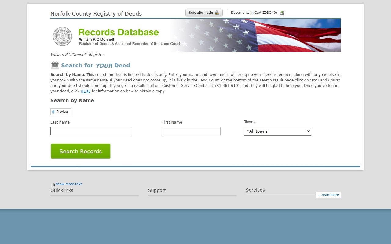 Braintree street directory Norfolk deed search form with party and town fields